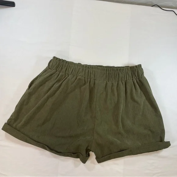 Olive Green Corduroy Mushroom Embroidery Womens Shorts 2XL Plus Size - Picture 2 of 7